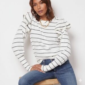 Evereve White and Black Ruffled Striped Knit Top